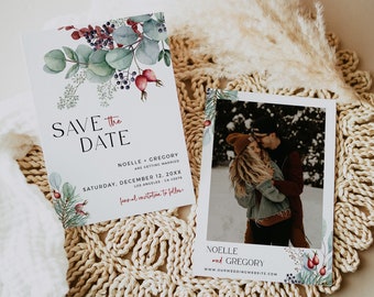 Printable Save our Date with Photo, Foliage Wedding Save the Date Card, Winter Greenery Save the Date Template, Eucalyptus, Editable 515-A