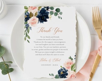 Editable Blush Navy Rose Gold Thank You Letter, Pink Blue Floral Napkin Note DIY Template Printable In Lieu of Favors Instant Download 542-A