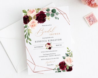 Rose Gold Burgundy Blush Editable Bridal Shower Invitation, Geometric Floral Shower Invite DIY Template, Printable, Instant Download, 575-A