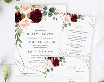 Editable Burgundy Rose Gold Geometric Wedding Invitation Suite, Pink Floral RSVP Details, Printable Template Instant Download Templett 575-A