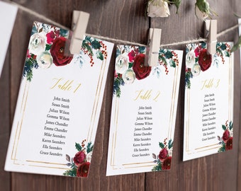 Cranberry Gold Editable Seating Chart Template, Burgundy Hanging Table Cards, Christmas Table Seating Plan, Holly Fir Instant Download 543-A