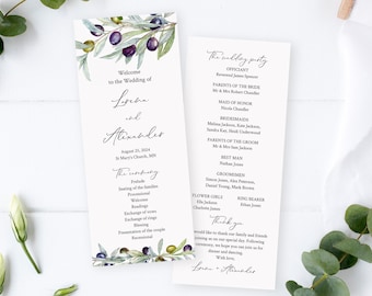 Printable Olive Wedding Program, Editable Rustic Italian Foliage Program, Mediterranean Program Template, Instant Download, Templett 563-A