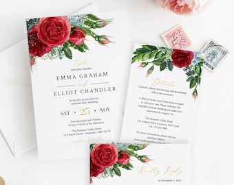 Red Gold Green Floral Editable Wedding Invitation Suite, Red Rose RSVP Details, Printable Template, Winter, Instant Download, Templett 541-A