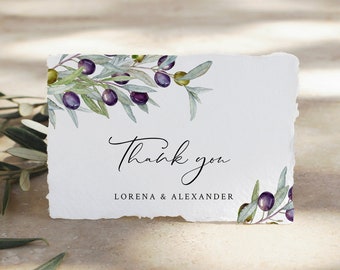 Editable Olive Thank You Cards, Printable Olive Tree Branch Cards, DIY Template, Rustic Italian, Instant Download Templett 563-A