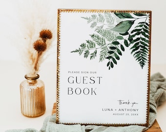 Editable Minimal Fern Guest Book Sign, Modern Botanical Sign Our Guestbook, Foliage Printable Wedding Bridal Shower Template, Download 586-A