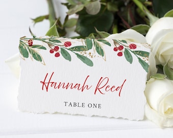 Winter Foliage Seating Card, Winter Wedding Place Card Editable Name Cards, Christmas Name Cards, Printable Place Card Template, Green 585-A