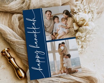 Editable Happy Hunukkah Holiday Card, Modern Hanukkah Card Template, Printable Hanukkah Card with Photo, Minimalist Holiday Card, Navy 212-A