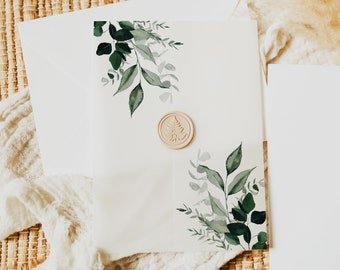 Botanical Vellum Wrap for Invite, Greenery Vellum Wrap, Printable Vellum Jacket, Wedding Invitation Vellum Wrap, DIY Editable Template 596-A
