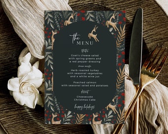 Nordic Holiday Table Menu, Printable Buffet Menu, Scandi Christmas Party Menu Christmas Dinner Menu, Hygge Deer, Editable Template, 218-A