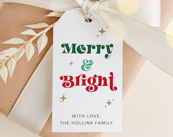 Merry & Bright Christmas Favor Tags, Editable Christmas Label, Retro Christmas Gift Tags, Boho Holiday Tags, Printable Tag Template, 214-A