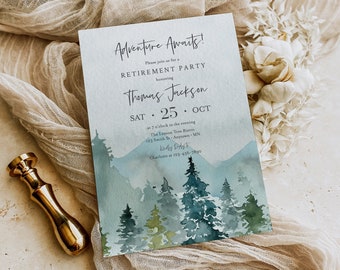 Mountains Retirement Invite Template, Woodland Retirement Party Invitation for a Man, Adventure Awaits Invite, Editable Retire Invite 531-A