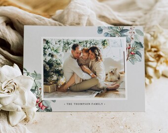 Printable Modern Christmas Card, Editable Holiday Card Template with Photo Christmas Card, Winter Foliage Eucalyptus, Photo Xmas Card, 209-A