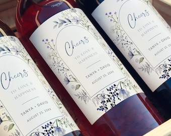 Printable Full Size Wine Bottle Sticker Template, Dusty Blue Wildflower Wine Label, Editable, 509-A