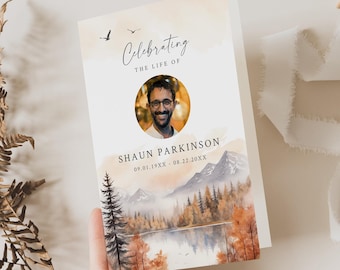 Foldable Memorial Program, Woodland Funeral Booklet Program, Printable Rustic Celebration of Life Booklet Template, Editable Program 599-A
