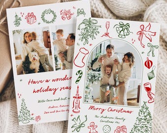 Editable Doodle Holiday Card, Whimsical Christmas Card Template with Photo, Printable Quirky Xmas, 229-A