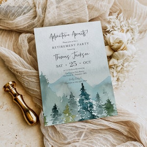 Invitation à une fête de retraite des bois pour un homme, modèle d'invitation pour la retraite des montagnes, l'aventure vous attend, inviter à la retraite modifiable 531-A