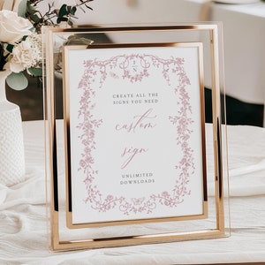 Modelo de placa de casamento personalizada em toile rosa empoeirado, placa de mesa chinoiserie, placa de recepção floral francesa para impressão, vintage editável 523-B