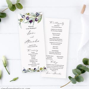 May include: Wedding ceremony program with olive branch illustrations. The program includes the names of the bride and groom, Lorena and Alexander, the date and location of the ceremony, and the names of the wedding party members. The program also includes a list of the ceremony events, such as the prelude, seating of the families, and the recessional.