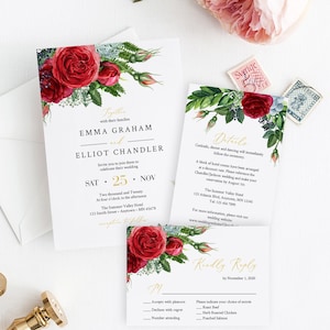 Red Rose Floral Editable Wedding Invitation Suite, Red Gold Green RSVP Details, Printable Template, Winter, Instant Download, Templett 541-A