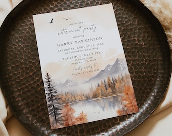 Woodland Retirement Invite Template, Fall Retirement Party Invitation for a Man, Mountains Invitation, Rustic, Editable Retire Invite 599-A