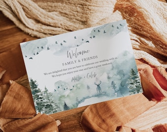 Printable Welcome Box Note, Woodland Wedding Hotel Bag Sticker Forest Wedding Welcome Bag Label Template, Stag Rustic Bag Tag Editable 570-A