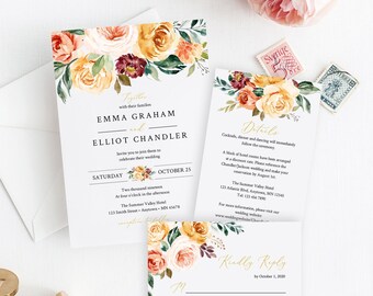 Fall Golden Floral Editable Wedding Invitation Suite, Gold Blush Floral RSVP Details, Printable Template, Instant Download, Templett 540-A