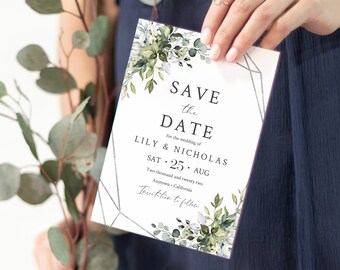 Editable Silver Greenery Geometric Save the Date, Foliage Printable Save the Date DIY Template, Botanical Save Date, Instant Download, 568-A