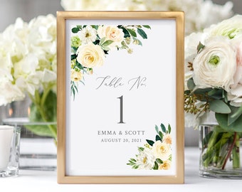 Editable Yellow Greenery Floral Table Numbers, Printable Wedding Table Numbers, Pale Yellow DIY Template, Instant Download, Templett, 558-A