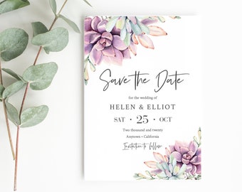 Succulent Printable Save the Date DIY Template, Editable Save the Date, Cactus, Desert Lilac Green Blush,Instant Download, 535-A