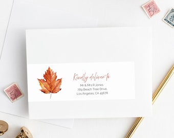 Editable Fall Maple Leaf Wrap Around Address Label Template, Burnt Orange Printable Envelope Label, DIY Addresses, Instant Download 567-A