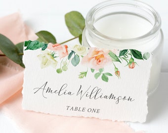 Editable Peach Rose Eucalyptus Place Cards, Peach Floral Greenery Escort Cards, Name Cards, DIY Template, Instant Download, Templett, 551-A