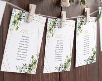 Botanical Hanging Table Cards Template, Greenery Gold Geometric Editable Seating Chart, Foliage Table Seating Plan, Instant Download, 538-A