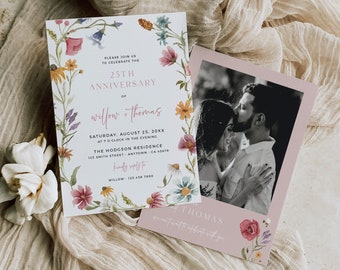 Printable Anniversary Invitation, Wildflower Wedding Anniversary Party Invite with Photo, 25th Anniversary Invite, Editable Template, 595-A