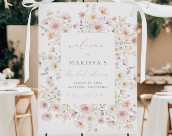 Printable Bridal Brunch Poster, Pink Wildflower Bridal Shower Welcome Sign Template, Floral, Editable 508-A