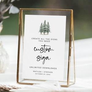 Letrero de boda personalizado editable de pino rústico, plantilla de letreros ilimitados de bosque, descarga instantánea de letreros de boda imprimibles minimalistas de bosque 588-A
