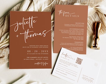 Desert Invite Set, Rust Wedding Invitation Set, Boho Wedding Invitation Suite, Modern Photo Invite, QR Code RSVP, Editable Template, 594-B