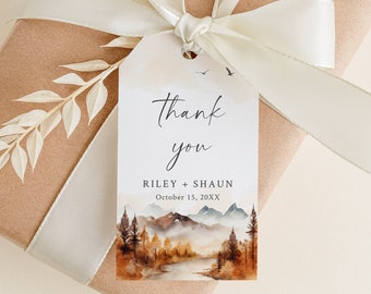 Fall Thank You Tag Mountains Wedding Tag, Forest Favor Tag, Rustic Printable Tag, Woodland Wedding Favor Tag, Label Editable Template, 599-A