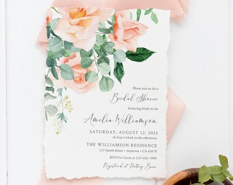 Editable Peach Floral Bridal Shower Invitation, Rose Eucalyptus Shower Invite DIY Template, Greenery Printable, Instant Download 551-A