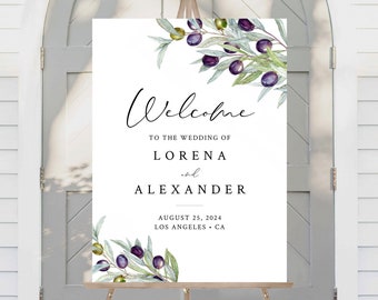 Editable Olive Wedding Welcome Sign, Olive Tree Branch Custom Sign Template, Italian, 16 x 20 18 x 24 24 x 36 3 Sizes Instant Download 563-A