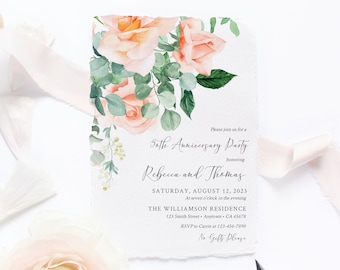 Editable Peach Floral Anniversary Party Invitation, Rose Eucalyptus 25th 30th 40th 50th Anniversary 70th Invite Template, Printable, 551-A