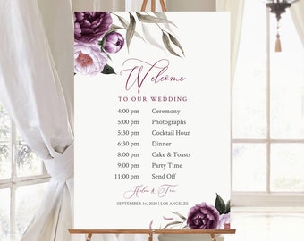 Plum Floral Editable Schedule, Order of Events Sign, Order of the Day, Lilac Purple Itinerary, Timeline Template Instant Download 527-A