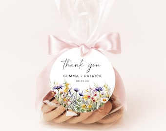 , Bright Wildflower Round Favor Tag, Boho Wedding Favor Tag Wildflower Label Floral Thank You Tag Printable Sticker Editable Template, 510-A