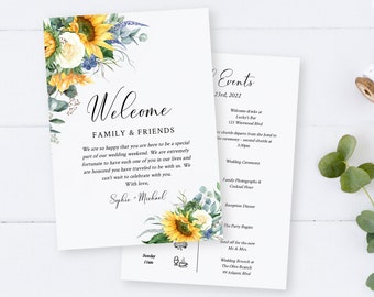 Editable Sunflower Welcome Bag Letter Itinerary, Yellow Floral Wedding Timeline, Printable Order of Events, Template, Instant Download 565-A