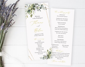 Gold Geometric Foliage Editable Program, Botanical Wedding, Greenery Printable Program, DIY Template Instant Download Templett 538-A