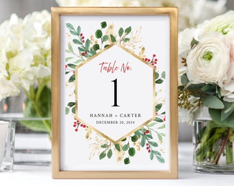 Editable Red Green Gold Table Numbers, Printable Christmas Table Numbers, Winter Red Berry, DIY Template, Instant Download, Templett 585-A