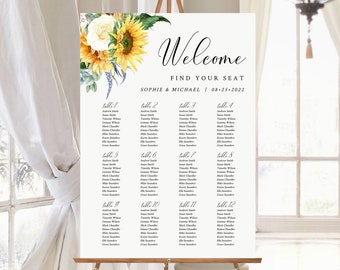 Editable Sunflower Seating Chart, Yellow Floral Wedding Printable Table Plan, 18 x 24 24 x 36, A1 A2, Template, Instant Download, 565-A