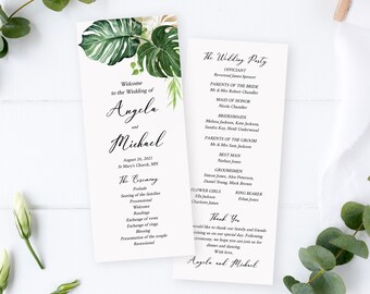 Editable Monstera Wedding Program, Tropical Foliage Program, Tropical Greenery Printable Program Template, Palms, Download, Templett 550-A