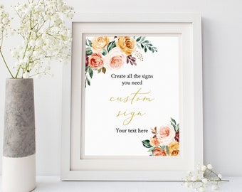 Blush Gold Fall Floral Editable Custom Wedding Sign, Autumn Unlimited Signs, Printable Wedding Shower Decor, Template Instant Download 540-A