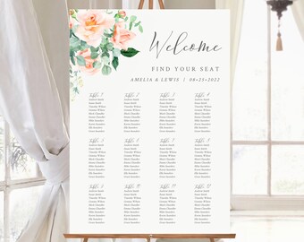 Editable Peach Rose Table Plan, Peach Floral Wedding Printable Seating Chart, 18 x 24 24 x 36, A1 A2, Template, Instant Download, 551-A