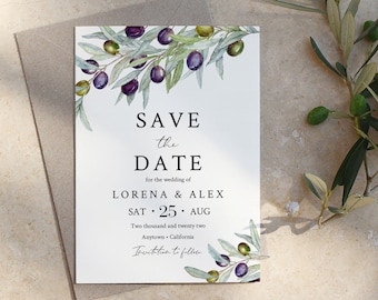 Editable Olive Save the Date, Rustic Olive Branch Printable Save Date DIY Template, Italian Save our Date, Olive Tree Instant Download 563-A